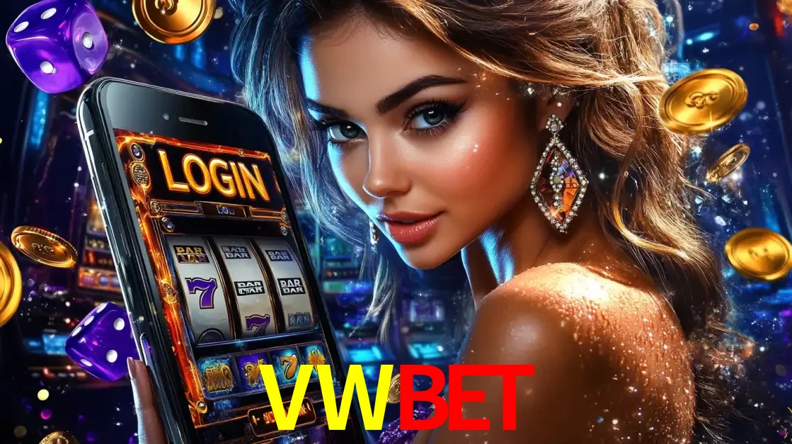 Mulher glamorosa segurando um smartphone com a tela de login para os jogos de caça-níqueis do cassino online VWBET, com moedas de ouro e dados ao redor.