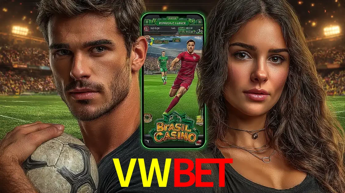 Homem segurando uma bola de futebol e uma mulher ao lado de um smartphone exibindo o jogo de apostas esportivas da VWBET. Faça seu palpite no cassino online.